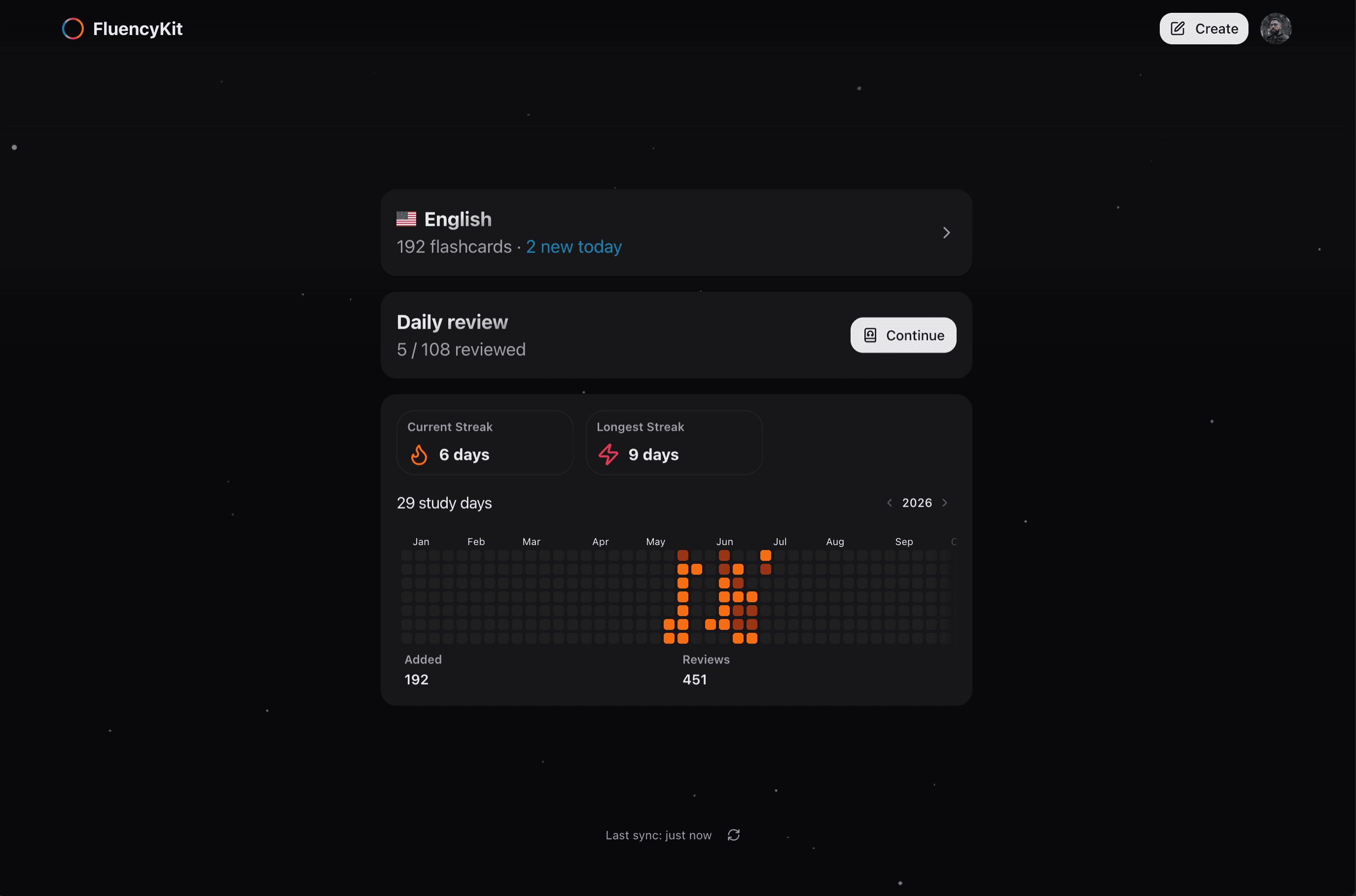 FluencyKit app dashboard showing flashcards, daily review, and study streaks